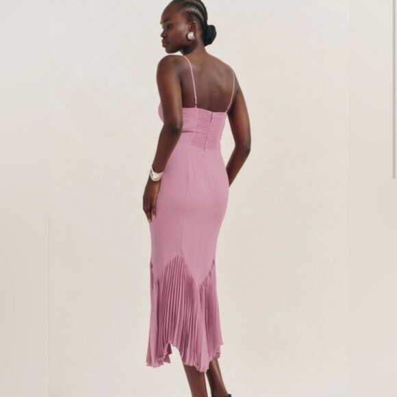 Reformation Aiko Pink Pleated Hem Midi Dress - Picture 3 of 14